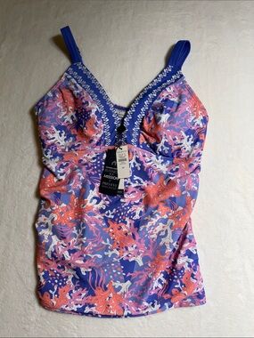 Talbots Purple and Coral Printed Swim Tankini Top